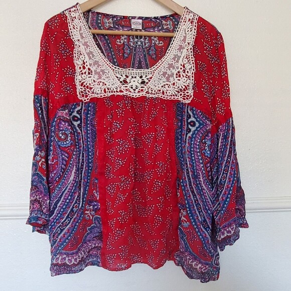 Bila Peasant Woven Boho 3/4 Sleeve Top Red Womens Size L Large Paisley - Picture 1 of 13